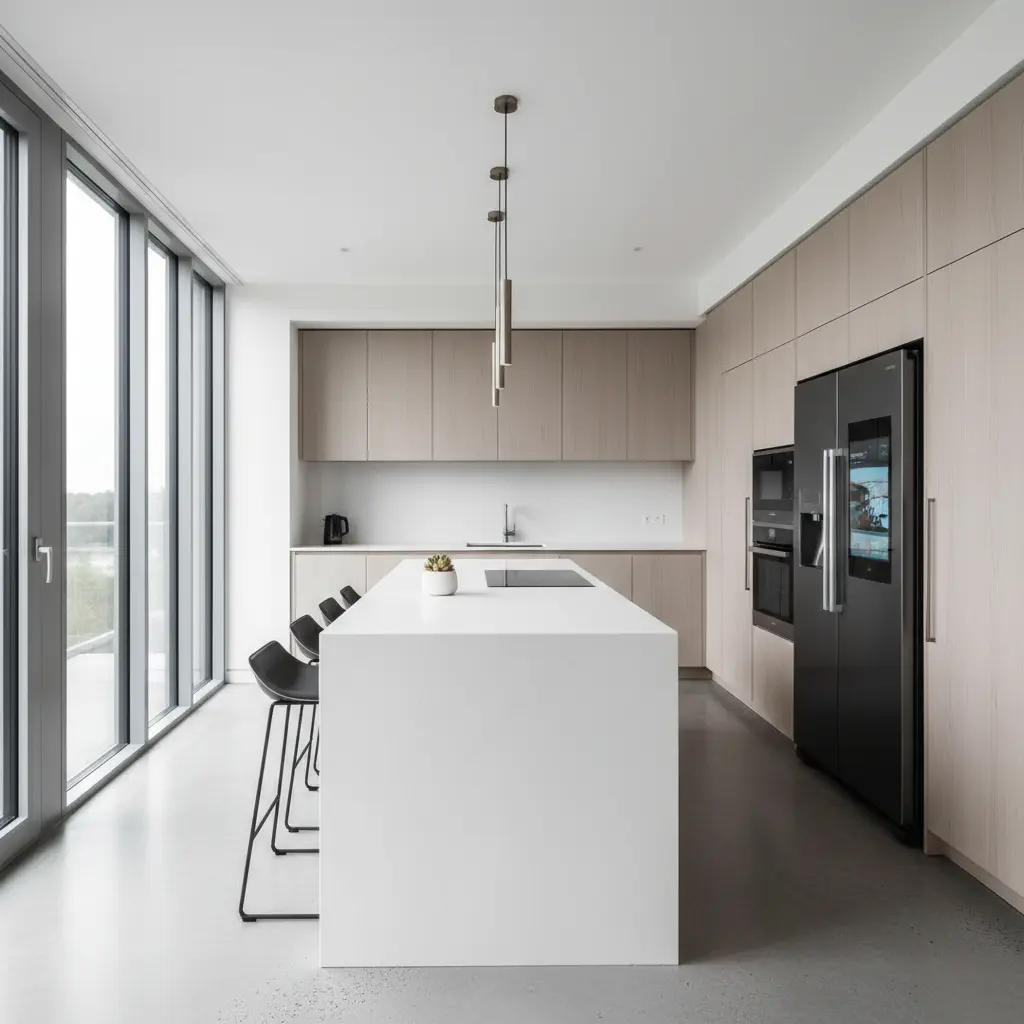 Moderne minimalistische Küche mit smarten Geräten